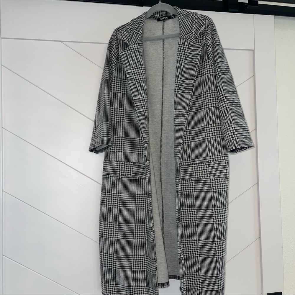 Boohoo Black and White Plaid Trench Coat